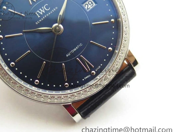 MIROTIME 1224 Portofino 37mm SS V7F 1:1 Best Edition Blue Dial Diamonds Bezel on Blue Leather Strap A Chic 7093